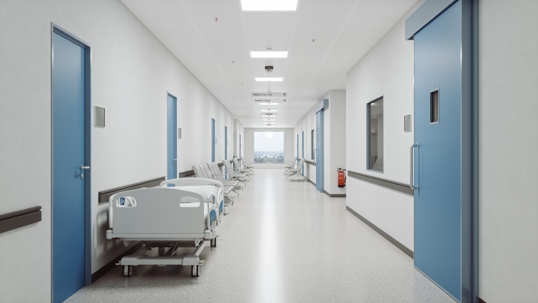 The inside of a brightly-lit hospital